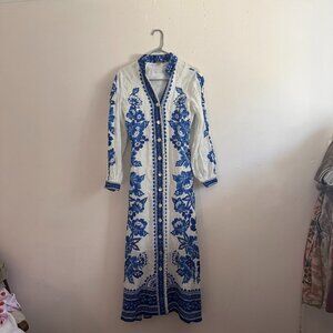 Magaschoni Elegant Blue and White Floral Long Sleeve Dress, 100% Linen